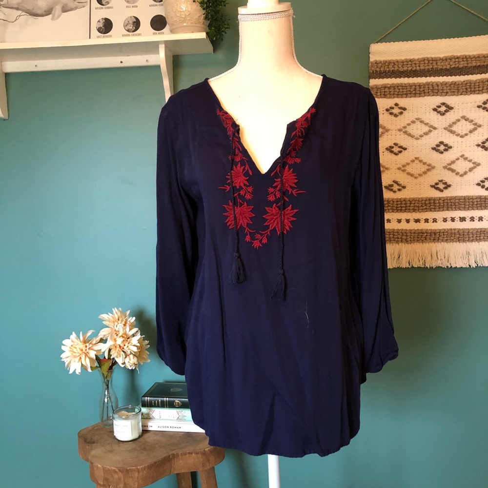 Navy Blouse with Purple Embroidery
